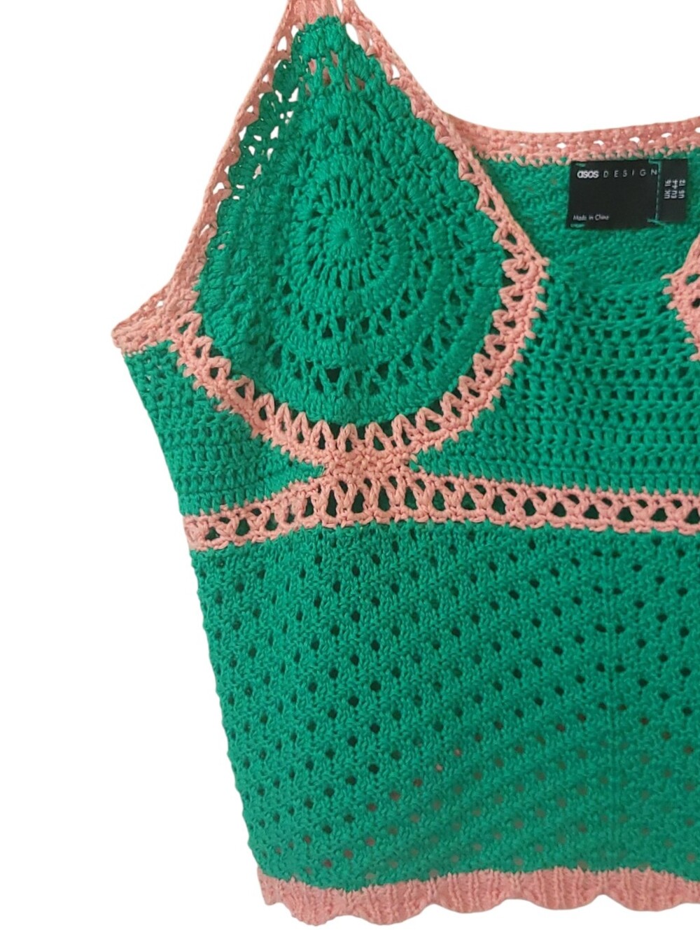 ASOS DESIGN Crochet Crop Top US 12 Pink Green Y2K Festival Boho Cami - Picture 5 of 13